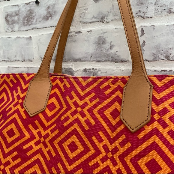 Tory Burch • Large Geometric Canvas Tote • Orange & Pink - Picture 9 of 14